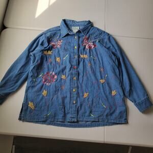 Quacker Factory Button Up Shirt Womens 1X Blue Denim Beaded Butterfly Floral
